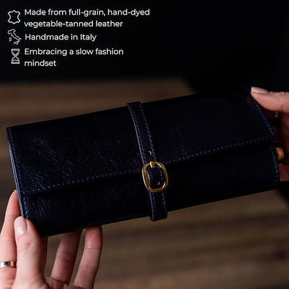 Time Resistance Leather Jewelry Roll - Full Grain Leather Travel Jewelry Case - Jewellery Organizer Made in Italy (Blue)