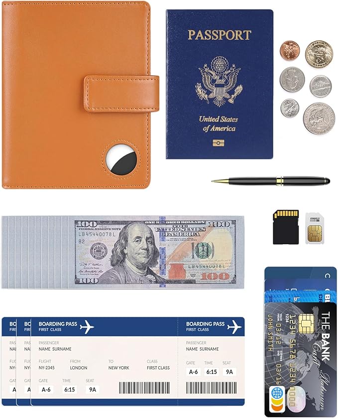 Passport Holder Wallet Cover Case for Women and Men,RFID Blocking,Passport Case with AirTag Holder,Travel Accessories (Brown)