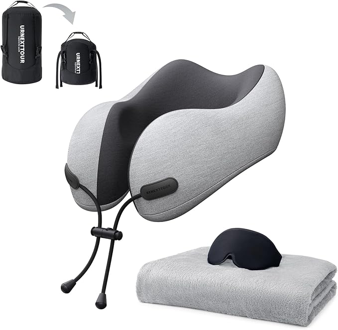 Neck Pillow and Blanket Set for Travel Memory Foam Design Models Pillows with Eye Mask and 50% More Storage Bag Traveling Essentials Plane Car Flight Rest Sleeping Use Adult, Light Gray