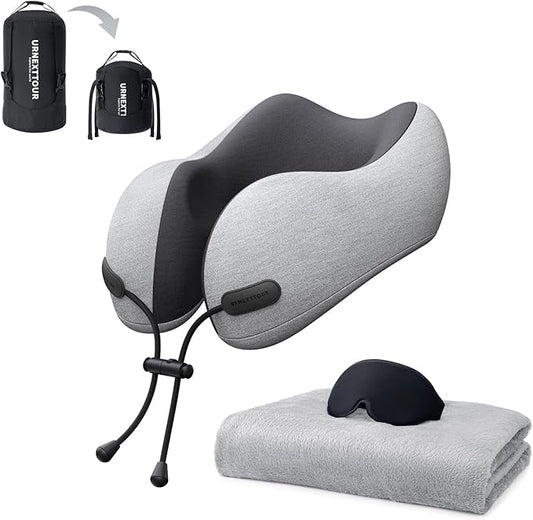 Neck Pillow and Blanket Set for Travel Memory Foam Design Models Pillows with Eye Mask and 50% More Storage Bag Traveling Essentials Plane Car Flight Rest Sleeping Use Adult, Light Gray