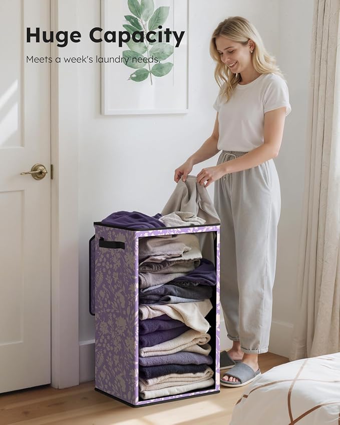 SOLEDI Laundry Hamper with Lid, 90L Tall & Large Floral Laundry Basket, Collapsible Clothes Hamper with Removable Bag, Dirty Hampers for Bedroom, Bathroom, Laundry Room