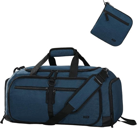MIER Foldable Duffle Bag with Shoe Compartment 50L Travel Duffel Bags for Men Women Packable Overnight Bag for Camping Gym Weekender, Drak Blue