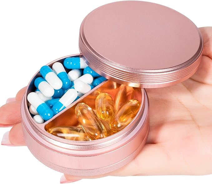Small Pill Case 2 Compartment - Heavy Duty Metal Pill Box Portable Travel Pill Container for Pocket or Purse, Waterproof Pill Organizer for Medicine Vitamin Fish Oil and Supplements