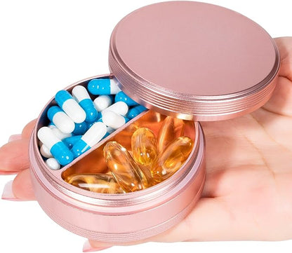 Small Pill Case 2 Compartment - Heavy Duty Metal Pill Box Portable Travel Pill Container for Pocket or Purse, Waterproof Pill Organizer for Medicine Vitamin Fish Oil and Supplements