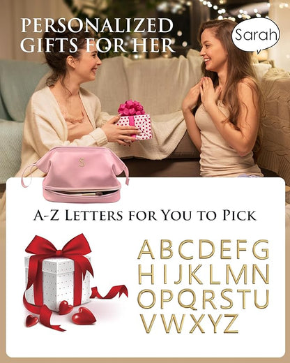 Wedding Gift Makeup Bag, Pink Stuff Cosmetic Bag with Makeup Brush Organizer, Waterproof, Large Capacity PU Leather Travel Toiletry Bag Retirement Gifts, Daughter Gifts