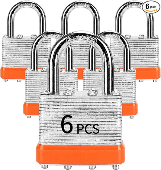 Padlocks with Same Key, LQYN 6 Pcs Laminated Keyed Padlock (1-9/16", 40mm), Keyed Alike Locks, Normal Shackle, for Storage Locker, Hasp Latch, Toolbox, Sheds