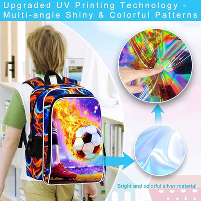 WZLVO 3PCS Soccer Bookbag for Boys, 17" Cool UV Printing Kids Backpack/School Bag with Lunch Box & Pencil Bag for Elementary to Middle - Flaming Soccer Kick