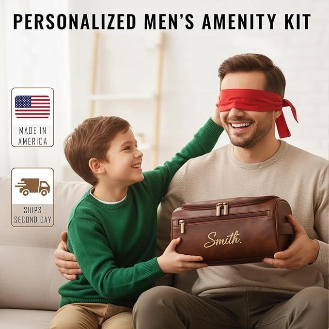 Personalized Toiletry Bag for Men, Engraved Name Initials Toiletry Bag, Customized Monogram Travel Shaving Dopp Kit for Groomsmen, Gift for Christmas, Birthday, Dad, Husband (Black)