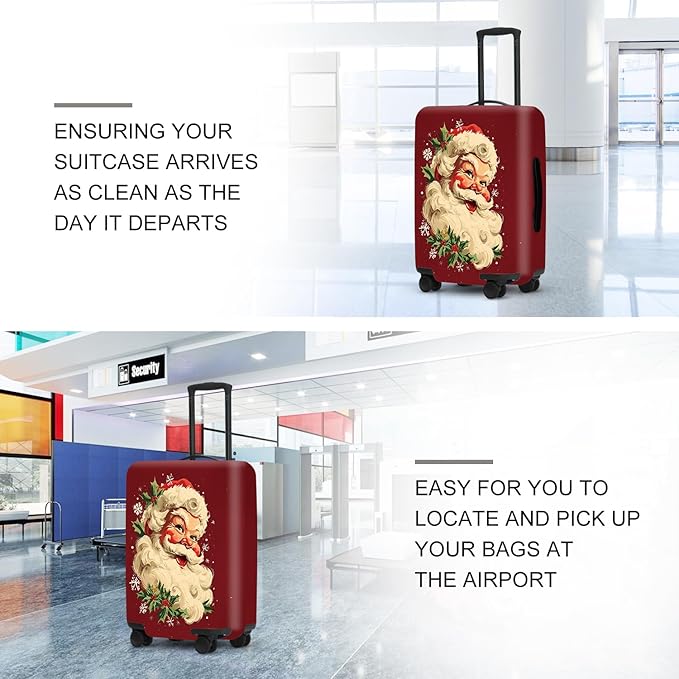 Retro Santa Luggage Cover - Vintage Saint Nicholas with Holly and Snowflakes, Traditional Christmas Suitcase Protector 28 30 Inch