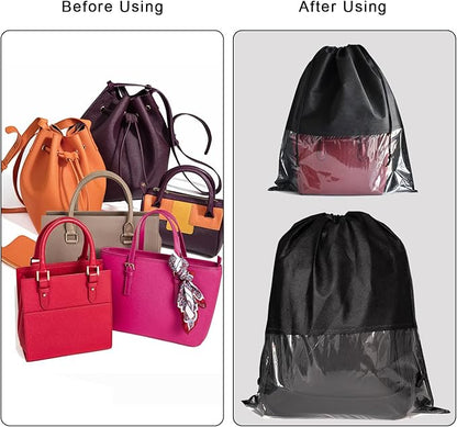8PCS Dust Bags for Handbags Jumbo Travel Shoe Bags Purses Organizers Storage Bags with Rope Clear Window Dustproof Drawstring Bag Storage Pouch for Men and Women - Black, 19.7 x 15.7 in