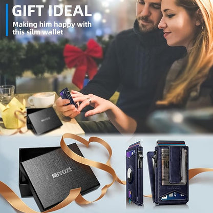 Airtag Wallet for Men,with Money Clip Gift Boxed,Slim Front Pocket Wallet RFID Blocking Metal Case Smart Pop-up Credit Card Holder in Magnetic Leather Flip