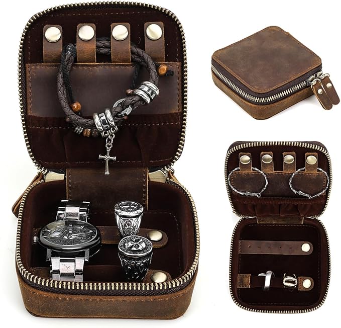 CONTACTS Crazy Horse Leather Travel Jewelry Case Small Jewelry Box Travel Organizer for Rings, Necklaces, Earrings Watches Storage Case, Brown