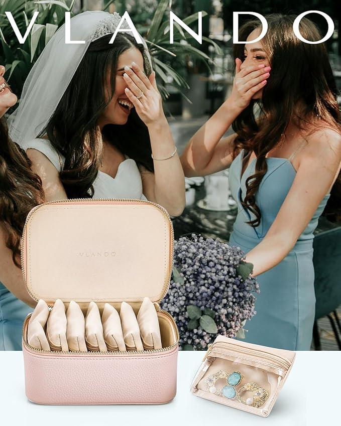 Vlando Jewelry Box with 8 Velvet Jewelry Bags Travel Jewelry Case for Women Girls Jewelry Organizer Necklace Rings Earrings Bags Gift Ideas for Christmas Birthday Bride (Pink)