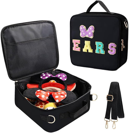 Chenille Letter Bow Mouse Ears Travel Case, Park Ears Headband Holder Hair Accessories Organizer Bag for Girls Women Kids Adults, Large Makeup Bag Snack Bags with Zipper for Travel Picnic - Black