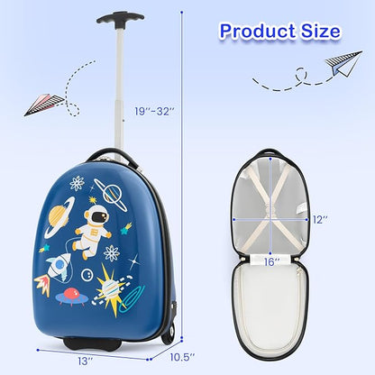 HONEY JOY Kids Luggage, 16” Children Rolling Suitcase w/Wheels & Telescopic Handle, Hard Shell Lightweight Travel Luggage for Toddlers, Carry On Luggage with Wheels for Boys Girls(Blue Astronaut)