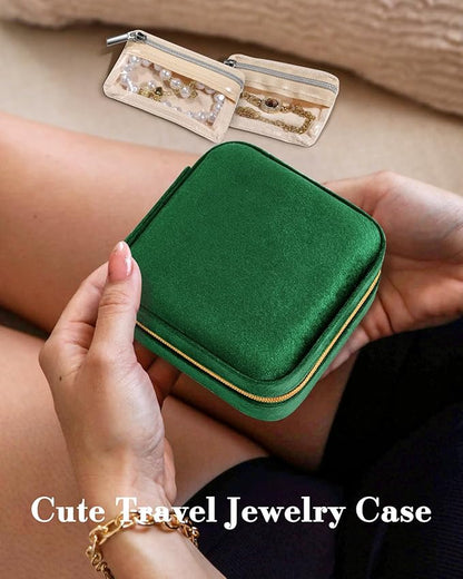 Bistup Travel Jewelry Case - Small Jewelry Organizers and Storage Box for Women Girls Teens Cute Traveling Jewelry Holder with Mirror Little Tiny Compact Modern Unique Aesthetic Pretty, Geen