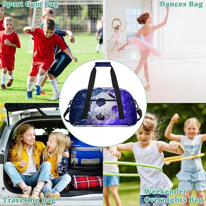 Personalized Kids Duffel Bag for Girls Boys Traveling Sport Soccer Ball Fire Small Sport Gym Bag Custom Overnight Weekender Tote Bag Carry on Teen Dance Bag for Gymnastic Ballet