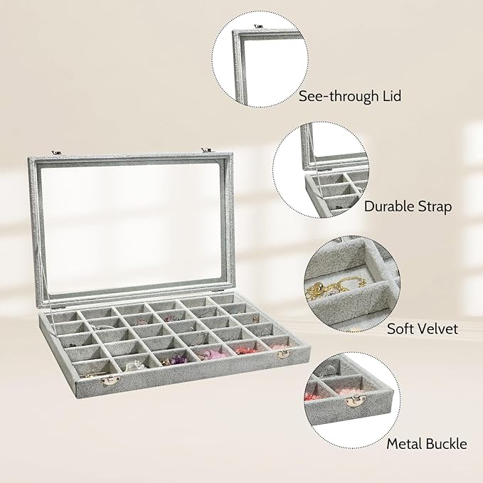 Stratalife Jewelry Organizer Jewelry Holder Storage Earring Organizer Box Tray with Lid Velvet Earring Display for Drawer 30 Grid Grey