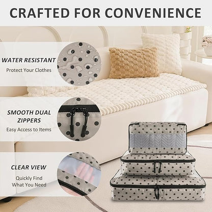 U+U 5 Set Packing Cubes for Travel Essentials Ultralight Luggage Packing Organizers with Laundry Bag and Shoe Bag for Vacation, Business Trip and Camping (Brown Polka Dot)