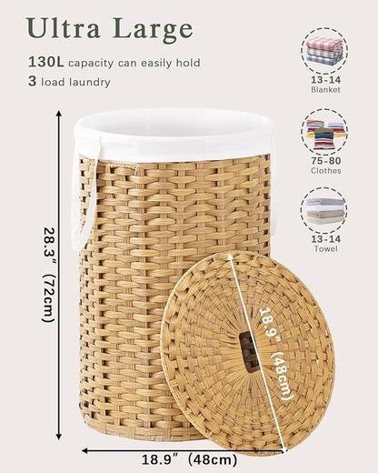 Large Laundry Hamper Laundry Basket Round 34.3 Gal (130 L) Handwoven Wicker Laundry Baskets Rattan Laundry Basket with Laundry Bag Handles 2 Mesh Bags for Living Room Bedroom Natural