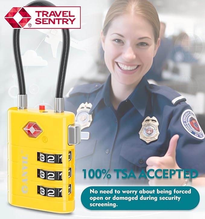 ANVIL TSA Approved Luggage Locks – High Security TSA008 Combination Travel Locks with Inspection Indicator for Suitcases and Backpacks. (2, Yellow)