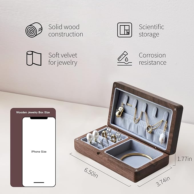 Walnut Wooden Small Jewelry Box - Mini Wood Travel Jewelry Case Portable Organizer for Rings, Earrings, Necklaces & Bracelets Storage Women Girls Men (Gray)