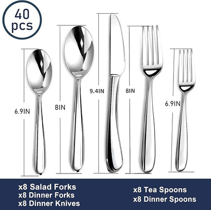 Heavy Duty Silverware Set for 8, 40 Piece Premium Stainless Steel Flatware Utensils Cutlery Set Including Steak Knife Fork and Spoon, Dishwasher Safe, Gift Package for Wedding Housewarming