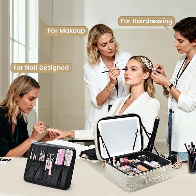 Makeup Bag with LED Lighted Mirror 12.2 IN Travel Double Layer Makeup Case Adjustable Brightness in 3 Colors Cosmetic Organizer Artist Storage with Dividers Brush Holder Vanity Beige