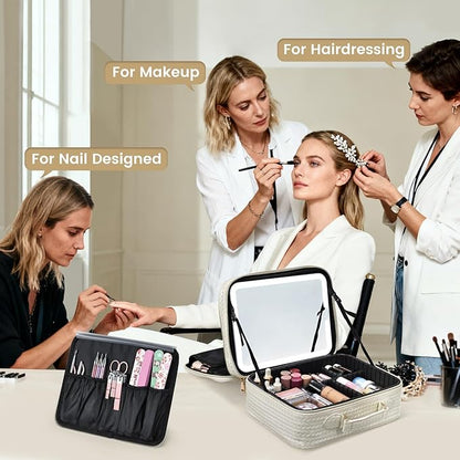 Makeup Bag with LED Lighted Mirror 12.2 IN Travel Double Layer Makeup Case Adjustable Brightness in 3 Colors Cosmetic Organizer Artist Storage with Dividers Brush Holder Vanity Beige