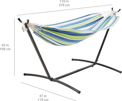 Amazon Basics Double Hammock with 9-Foot Space Saving Steel Stand and Carrying Case, 450 lb Capacity, Oasis Stripe, 110 x 47 x 43 inches