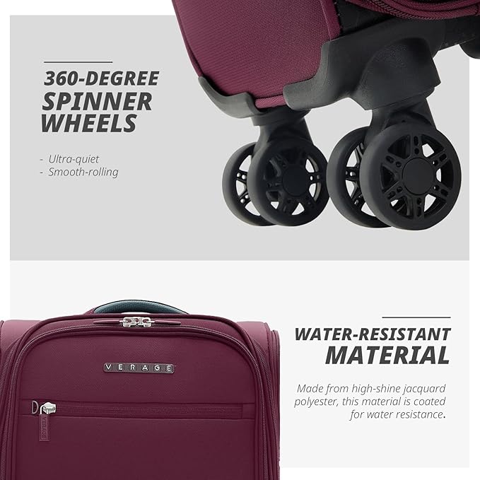 Verage Under Seat Luggage with Wheels，Softside Small Suitcase Spinner Carry On Luggage Bags for Airlines Airplanes Short Trip Men Women (Grape red, 14-Inch Underseat)