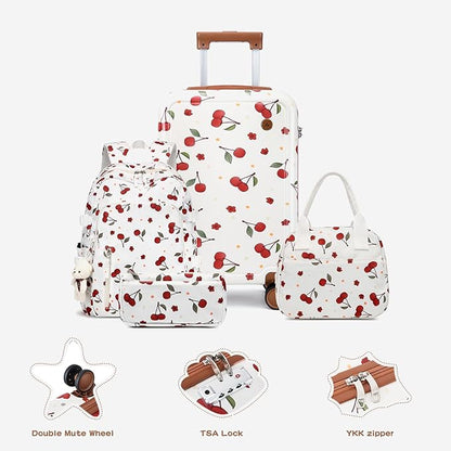 Somago 4 Piece Kid's Luggage with Backpack Set for Boys Girls Spinner 18" Hardside PC Rolling Carry on Suitcase with TSA Lock, Cherry White