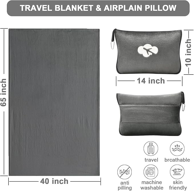 Travel Blanket and Pillow Compact, Premium Soft 2 in 1 Airplane Blanket with Soft Bag Pillowcase，Hand Luggage Sleeve and Backpack Clip (Solid Grey)