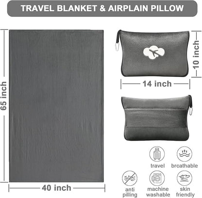 Travel Blanket and Pillow Compact, Premium Soft 2 in 1 Airplane Blanket with Soft Bag Pillowcase，Hand Luggage Sleeve and Backpack Clip (Solid Grey)