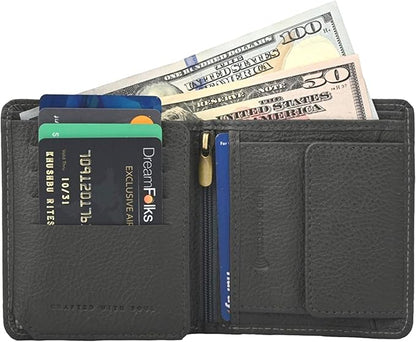 Hum & Hide Full-Grain Leather Wallet for Men – RFID Blocking Slim Bifold, Genuine Cowhide with 8 Card Slots, Coin Pocket & ID Window, Minimalist Leather Gift Wallet (Grey)