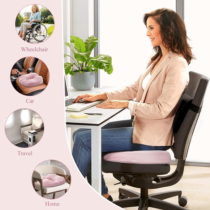 Benazcap Donut Pillow Seat Cushion - Ergonomic Memory Foam for Tailbone & Sciatica Pain Relief, Ideal for Hemorrhoids, Pregnancy, and Postpartum Comfort - Pink
