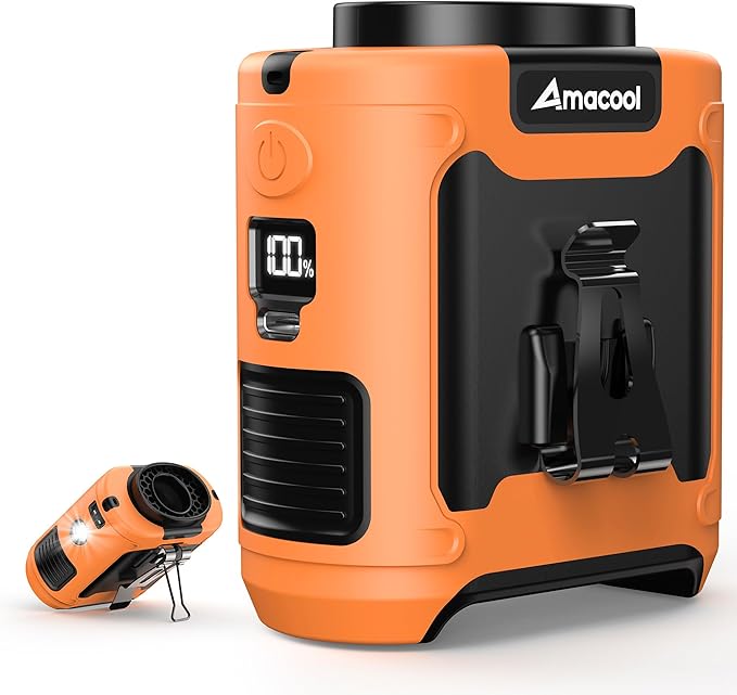 AMACOOL Portable Waist Fan Clip On, MAX 40H Work Time, 10000mAh Rechargeable Wearable Shirt Fan with Light, 16000RPM Powerful 5 Speed Belt Fans Personal Cooling Fans for Outdoor Jobsite Travel