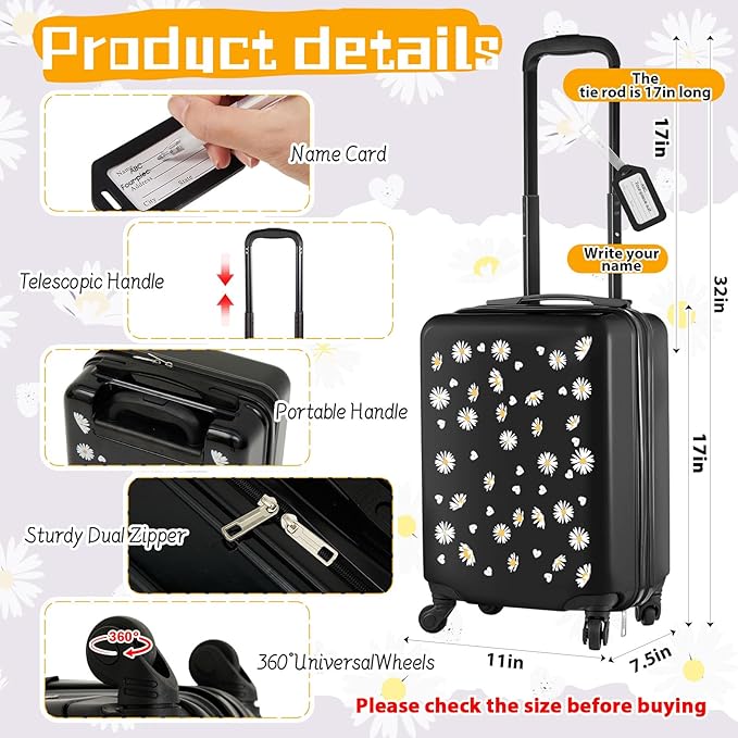 Redbaker 6 Pcs Kids Luggage Set 17 Inch Kids Rolling Luggage Double Pattern Suitcase for Girls Boys School Gift(Black,Daisy Style)