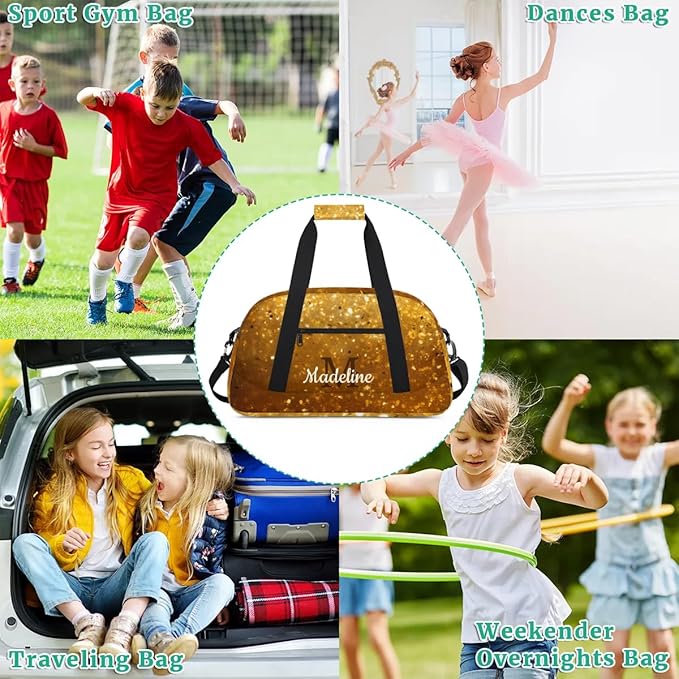 Personalized Kids Sports Duffel Bag with Name Custom Weekender Overnight Bag for Boys Girls Gym Bag Travel Dance Gymnastics Duffel Bag, Golden Glitter Gold Shiny