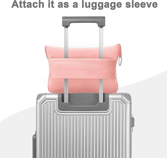 Travel Blanket and Pillow Compact, Premium Soft 2 in 1 Airplane Blanket with Soft Bag Pillowcase，Hand Luggage Sleeve and Backpack Clip (Solid Pink)