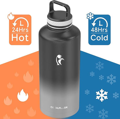 Coolflask Water Bottle 87 oz with Straw, 2/3 Gallon Insulated Stainless Steel 3 Lids Large Water Jug Wide Mouth for Sports or Office, Non-BPA Keep Cold Up to 48 Hrs or Hot Up to 24 Hrs, Piano Night