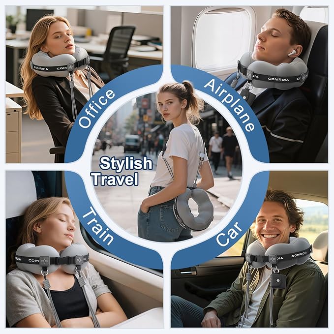 Travel Neck Pillow for Airplane, Super Soft Neck Support Travel Pillow - Lightweight and Stylish Convertible Style - Ergonomic Design for Long Flights, Car, Train & Office Use (Grey)