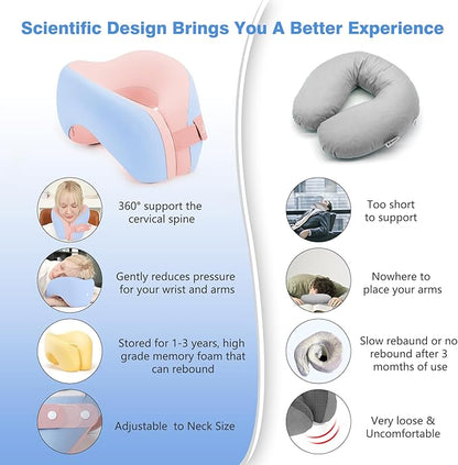 jiaao Neck Pillow Airplane, Memory Foam Travel Neck Pillows for Long Flight, 3D Eye Masks, Ear Plugs and Portable Drawstring Bag, Napping Pillow for Home, Road Trips, Sleep Rest and Travel Use