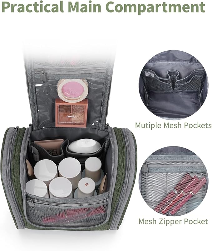 Narwey Small Hanging Travel Toiletry Bag Cosmetic Make up Organizer for Women and Men (Medium, Army Green)
