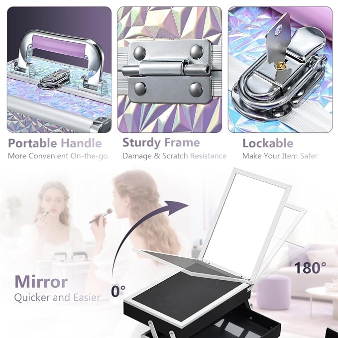 Joligrace Makeup Train Case Makeup Case Organizer Portable Cosmetic Box Storage with 2 Trays Mirror Locking with Keys Make Up Travel Case Nail Kits Traveling Makeup Box Shiny Purple