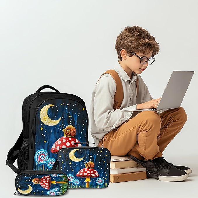 Mushroom Snails Backpack Mushroom Moon Night 17 Inches Bookbag 3PCS Set with Lunch Box Pencil Case Daypack for Kids Girls Boys