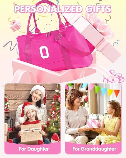 Overnight Bag for Kids Teen Girls Weekender Dance Bag Birthday Graduation Gifts,Initial Travel Duffel Bag Sports Gym Bag Personalized Weekender Bag Carry On Bags Preppy Gifts for Women(Hot Pink, O)