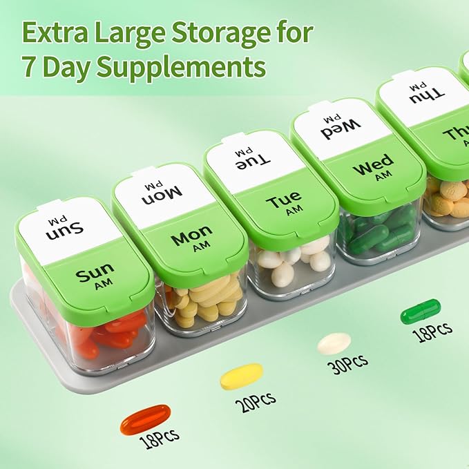 Daviky Large Weekly Pill Organizer 2 Times a Day, Extra Large Travel Pill Box 7 Day, Am Pm Twice Daily Pill Case, Pill Holder Container for Vitamin, Medicine, Supplement, Fish Oil, BPA Free, Green