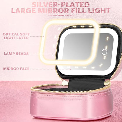 Small Makeup Bag with Led Mirror, Mini Travel Make up Bag 3 Light Modes Adjustable Brightness, for Women Organizer Cosmetic Bag, Portable Travel Train Toiletry Bag, for Pool Parties Work Touch-Ups