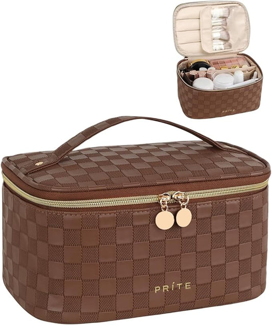 Prite Makeup Bag Portable Cosmetic Organizer with Brush Holder Waterproof Travel Toiletry Bag for Women with Handle and Divider (Checkered Brown)